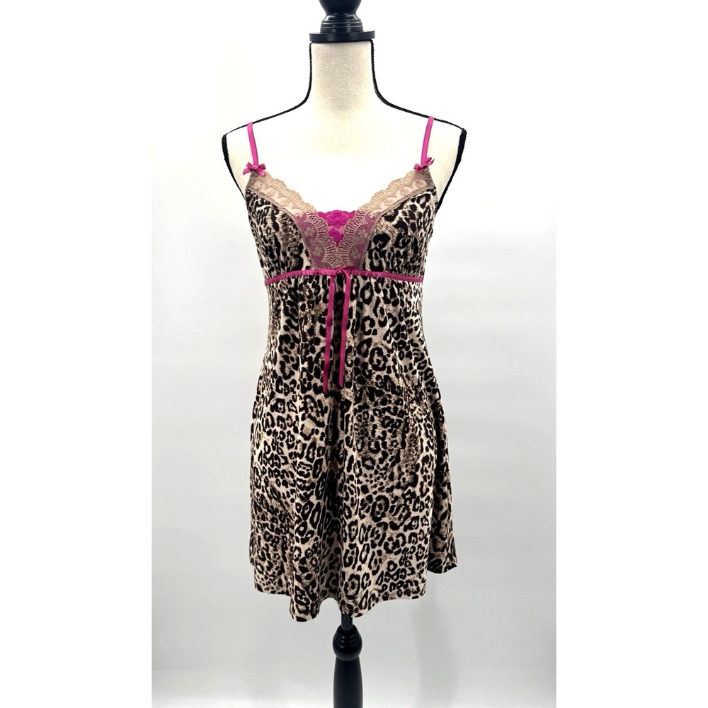 VTG Y2K Donatella Slip Dress Medium Leopard Hot Pink Lace Trim Chemise Coquette